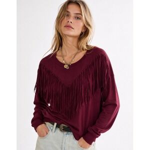 Symphony Burgundy Fringe V-Neck Sweatshirt Boho Western Pullover Small NWT‎